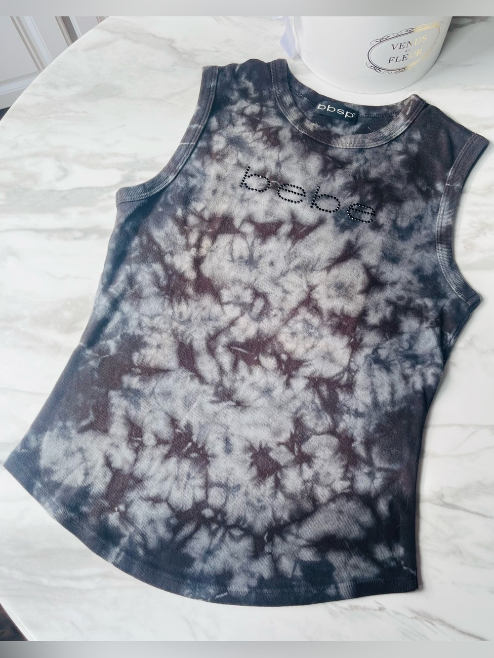 Y2K bebe Black and Gray Tie-Dye Rhinestone Logo Tank